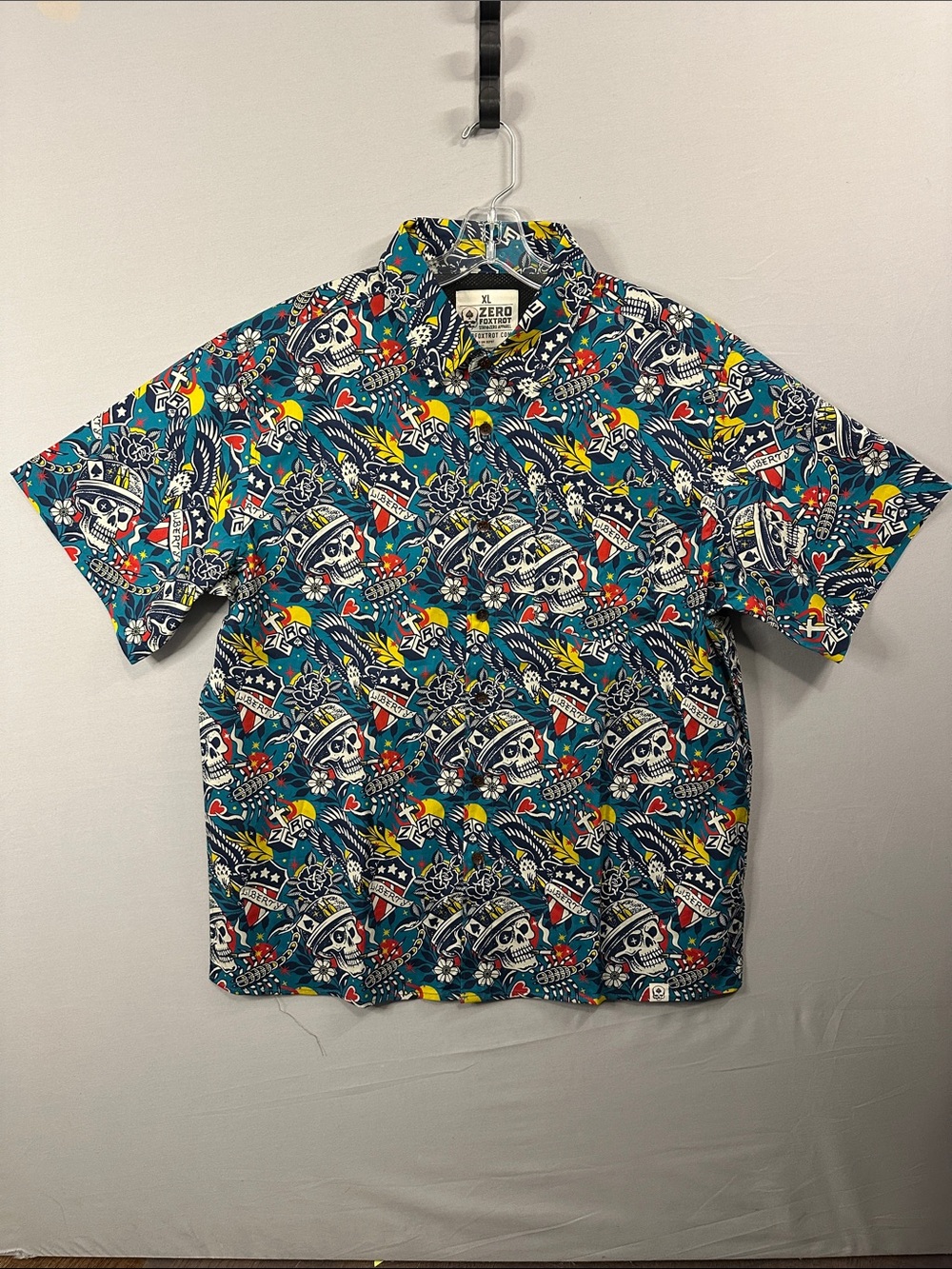 Zero Foxtrot Teal Skull & Liberty Tattoo-Print Short Sleeve Button-Down